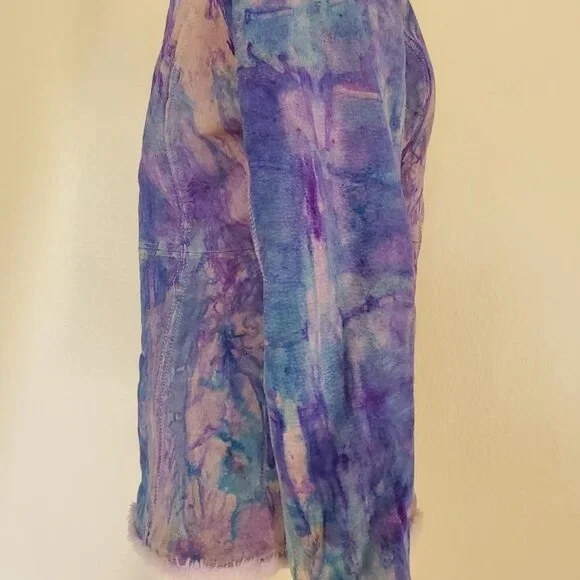 Suede leather tie dye jacket shearling boho Coat gray white pink purple blue med